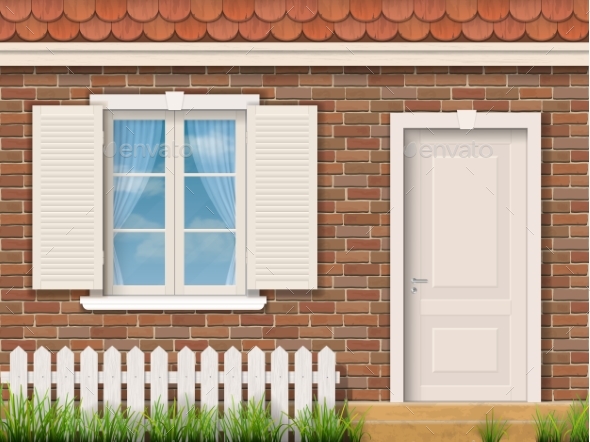 Brick Facade with a White Window and a Door - Buildings Objects