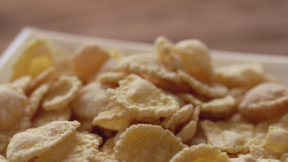 Corn Flakes in White Bowl.  View