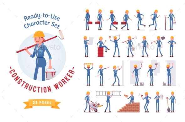 Ready-to-use Young Female Worker Character Set - People Characters