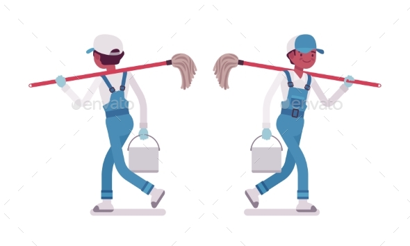 Male Janitor Walking, Rear and Front View - People Characters
