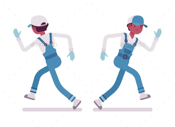Male Janitor Running, Rear and Front View - People Characters