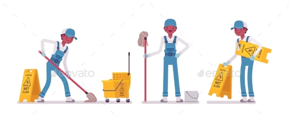 Male Janitor Mopping the Floor - People Characters