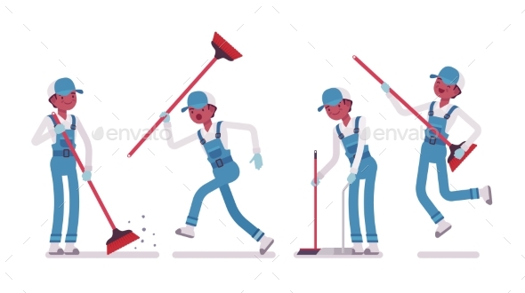 Male Janitor Sweeping the Floor with a Broom - People Characters