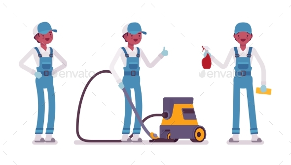 Male Janitor Standing with Vacuum Cleaner - People Characters