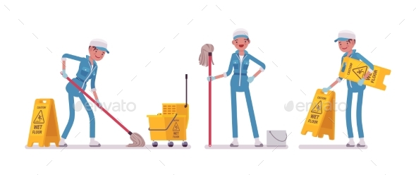 Female Janitor Mopping the Floor - People Characters
