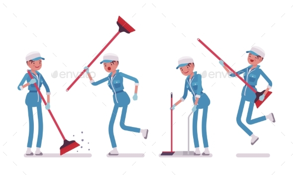 Female Janitor Sweeping the Floor with a Broom - People Characters