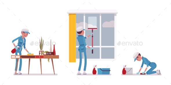 Female Janitor Wiping Indoors - People Characters