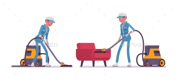 Female Janitor Vacuum Cleaning Indoors - People Characters