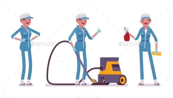 Female Janitor Standing with Vacuum Cleaner - People Characters