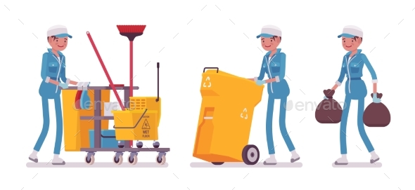 Female Janitor Cleaning, Taking Out the Trash - People Characters