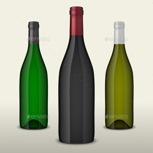 Set of Three Realistic Vector Wine Bottles Without - Food Objects