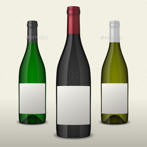 Set of Three Realistic Vector Wine Bottles with - Food Objects