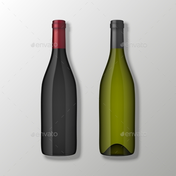 Two Realistic Vector Wine Bottles in Top View - Food Objects