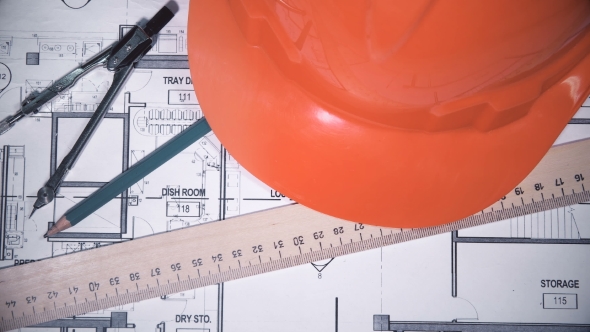 Engineer's Desk with Drawings, Helmet, Ruler, Pencil alt