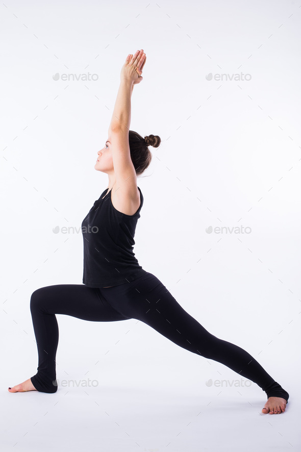 Young healthy woman practicing Balancing stick posture yoga on white background.