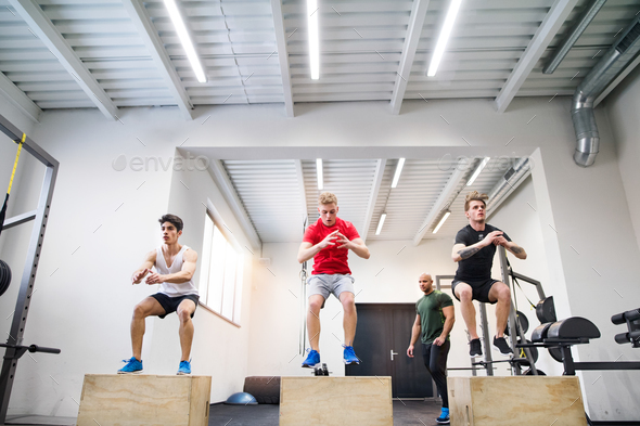 Men in gym with trainer exercising on fit boxes.