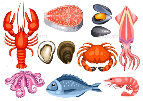 Various Seafood Set. Illustration of Fish - Food Objects