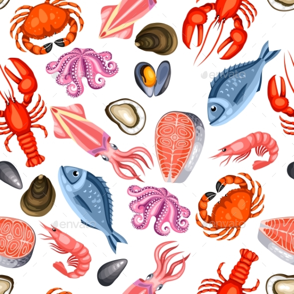 Seamless Pattern with Various Seafood - Food Objects
