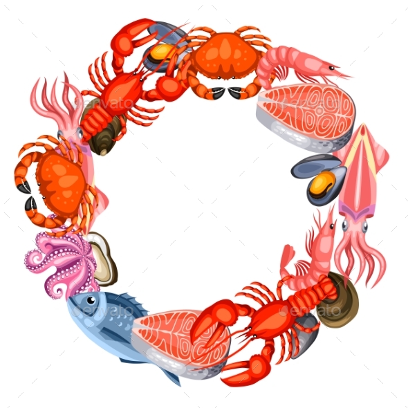 Frame with Various Seafood. Illustration of Fish - Food Objects