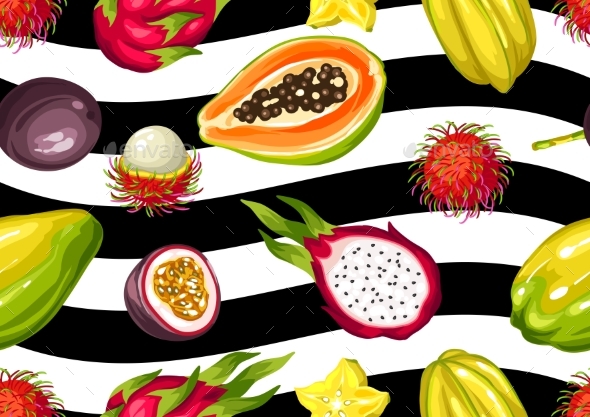 Seamless Pattern with Exotic Tropical Fruits - Food Objects