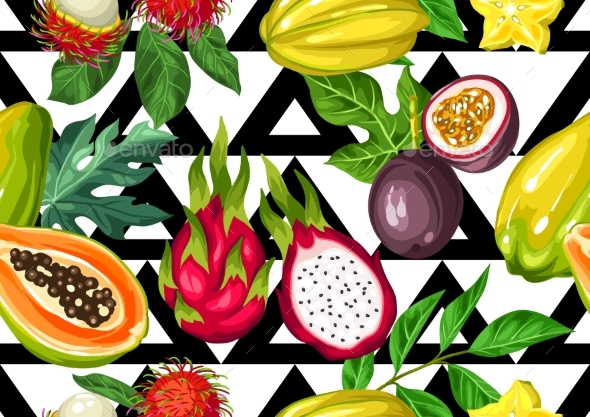 Seamless Pattern with Exotic Tropical Fruits - Food Objects