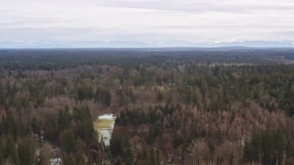 Idyllic house in the middle of a forest with the alp mountains in the background - zoomed out to hav alt