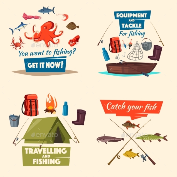 Fishing Icon Set with Boat, Tackle and Fish Catch - Sports/Activity Conceptual