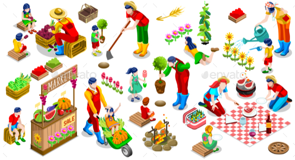 Isometric People Plant Tree Family Icon Set Vector Illustration - Vectors