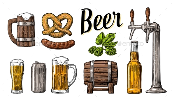 Beer Set with Tap, Class, Can, Bottle, Barrel - Food Objects