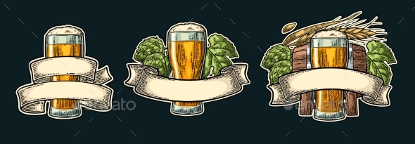 Glass Beer with Ribbon, Barrel, and Hop Branch - Food Objects