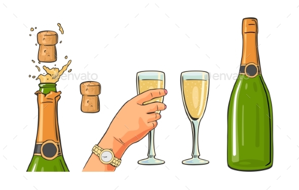 Bottle of Champagne Explosion and Hand Holding Glass - Food Objects