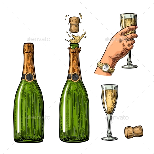 Bottle of Champagne Explosion and Hand Hold Glass. - Food Objects