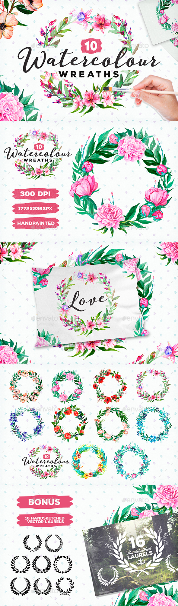 10 Handpainted Watercolour Wreaths - Flourishes / Swirls Decorative