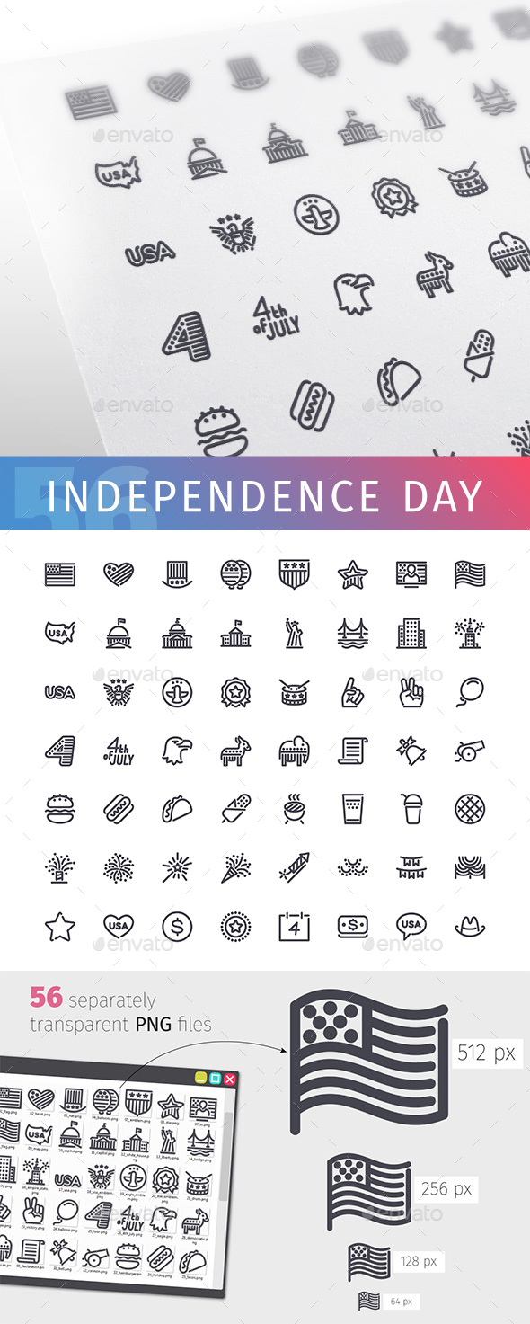USA Independence Day Line Icons Set - Objects Icons