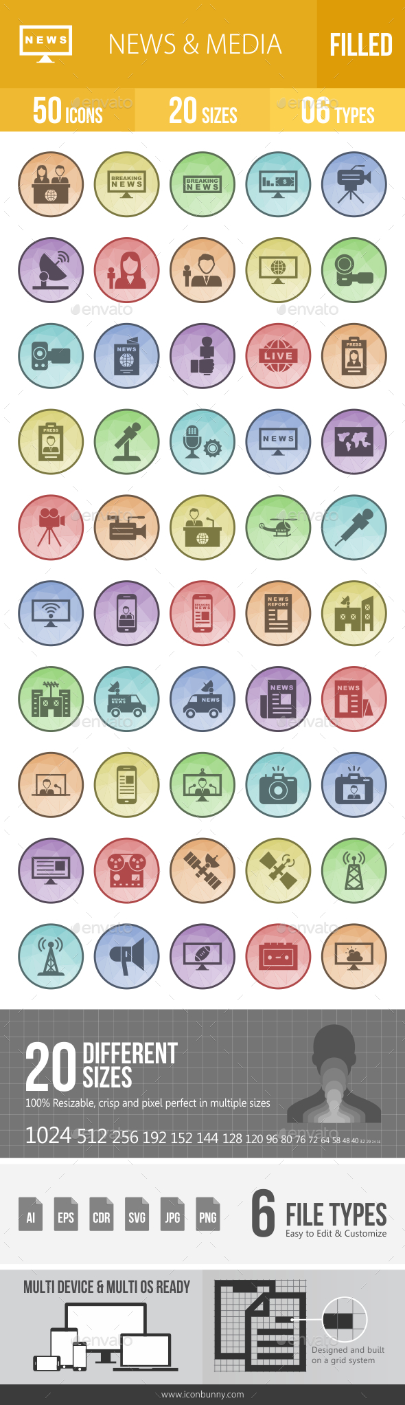 News & Media Filled Low Poly B/G Icons - Icons
