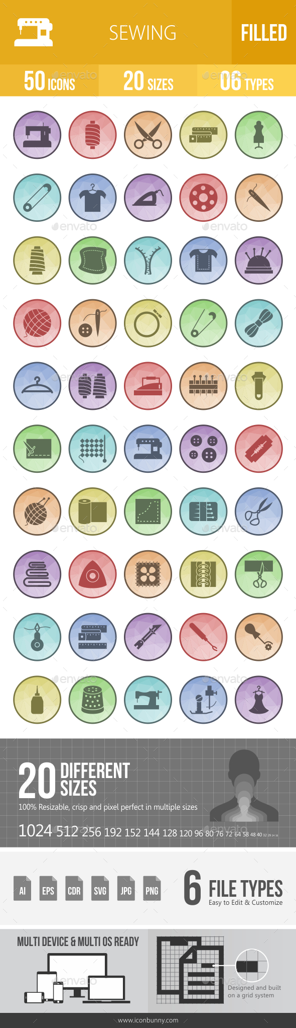 Sewing Filled Low Poly B/G Icons - Icons