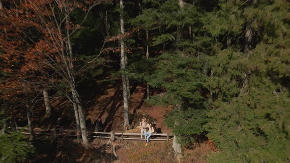 Aerial View of Couple Hikers Man and Woman on Shore of Beautiful Famous Mountain Lake Synevir in alt