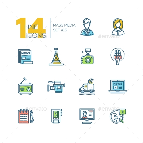 Mass Media - Colored Modern Single Line Icons Set - Miscellaneous Vectors