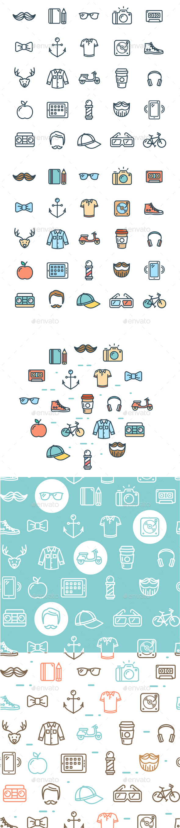 Hipster Thin Line Icon and Pattern Background Set - Miscellaneous Conceptual
