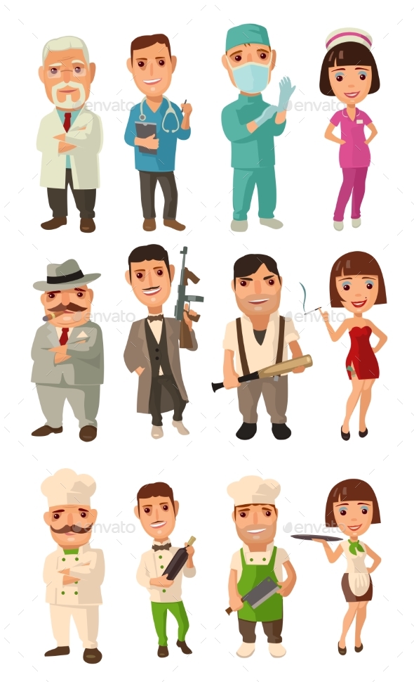 Character Set of Cook, Mafia, Doctor and Waiter - People Characters