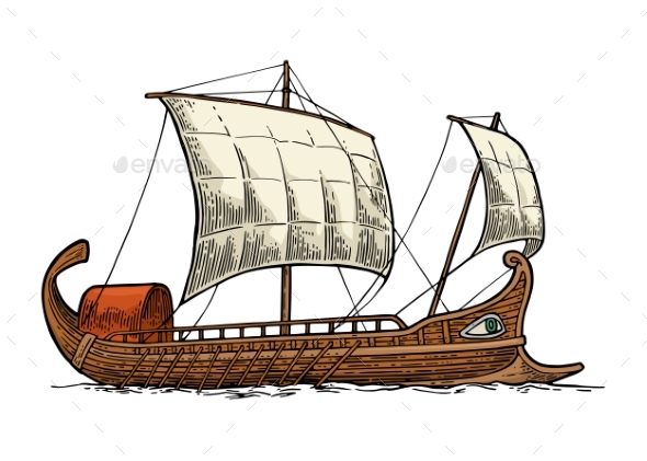 Trireme Floating on the Sea Waves - Man-made Objects Objects