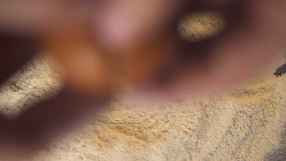 Cook Hands Throw an Egg on a Pile of Flour