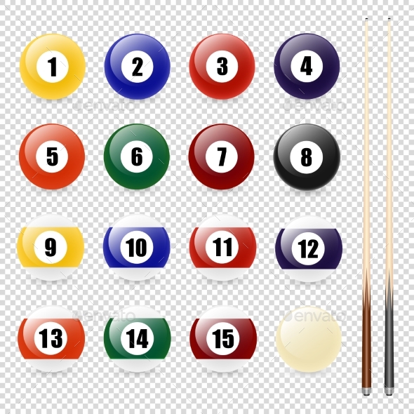 Vector Realistic Pool - Billiard Balls and Cue - Sports/Activity Conceptual