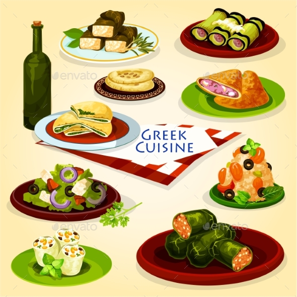 Greek Cuisine Healthy Lunch Cartoon Poster - Food Objects