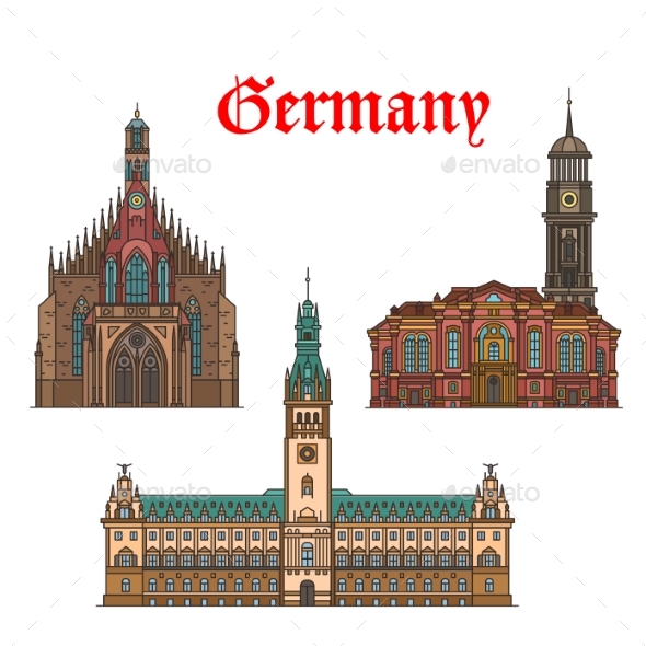 German Travel Landmarks Icon of Church, City Hall - Buildings Objects