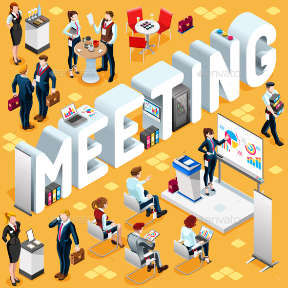 Meeting Isometric People 3D Icon Set Vector Illustration - Concepts Business