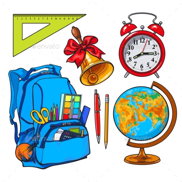 Backpack Packed with School Items, Alarm Clock - Miscellaneous Vectors
