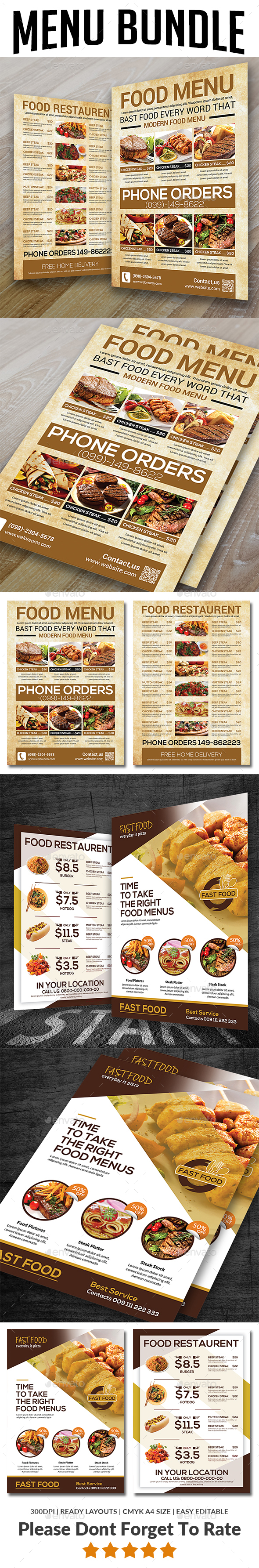Restaurant Menu Bundle Templates - Food Menus Print Templates
