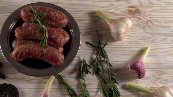 Raw Sausages , Garlic, Rosemary and Old Meat Grinder Parts