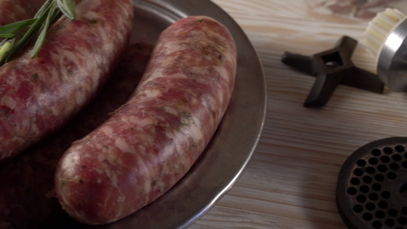 Raw Sausages , Garlic, Rosemary and Old Meat Grinder Parts